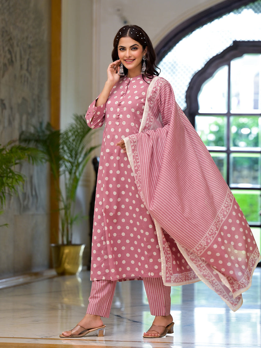 Divena Light Pink Printed Pure Cotton Straight Kurta & Trouser with Dupatta