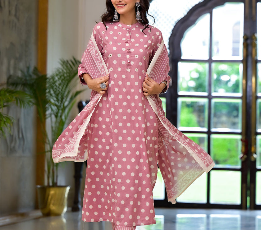 Divena Light Pink Printed Pure Cotton Straight Kurta & Trouser with Dupatta