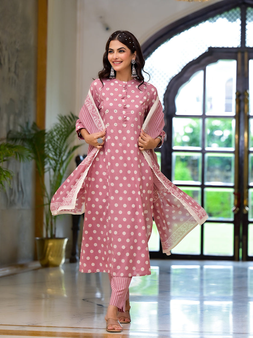 Divena Light Pink Printed Pure Cotton Straight Kurta & Trouser with Dupatta