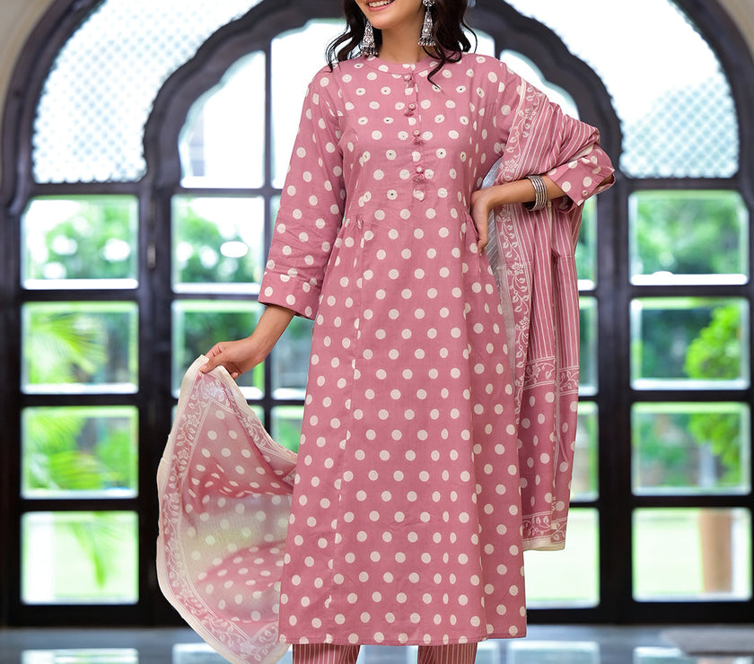 Divena Light Pink Printed Pure Cotton Straight Kurta & Trouser with Dupatta