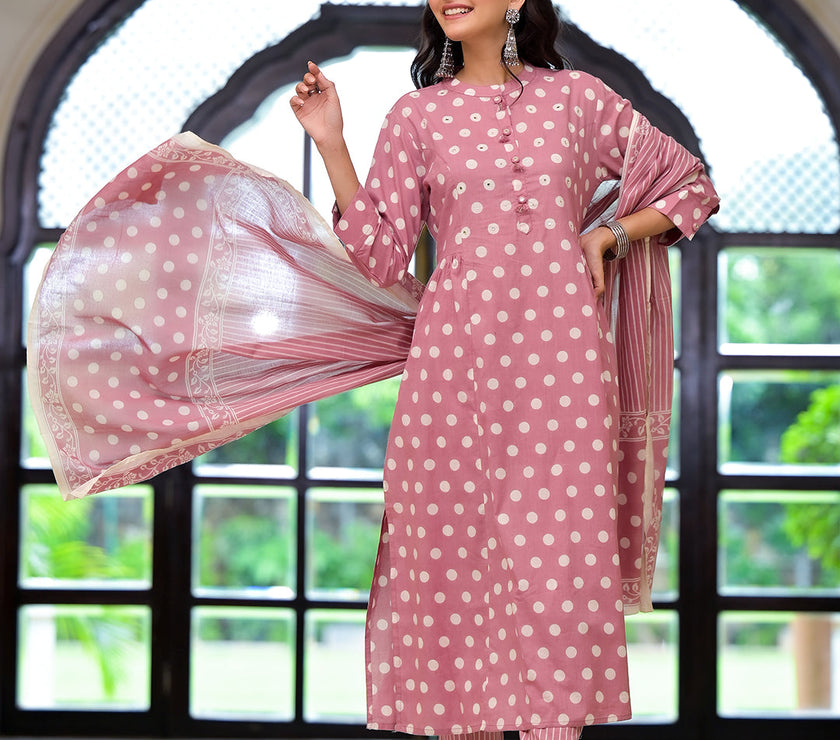 Divena Light Pink Printed Pure Cotton Straight Kurta & Trouser with Dupatta