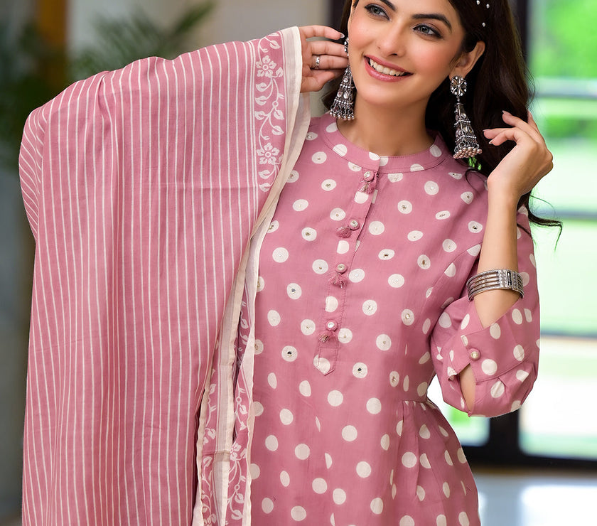 Divena Light Pink Printed Pure Cotton Straight Kurta & Trouser with Dupatta