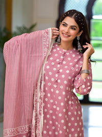 Divena Light Pink Printed Pure Cotton Straight Kurta & Trouser with Dupatta