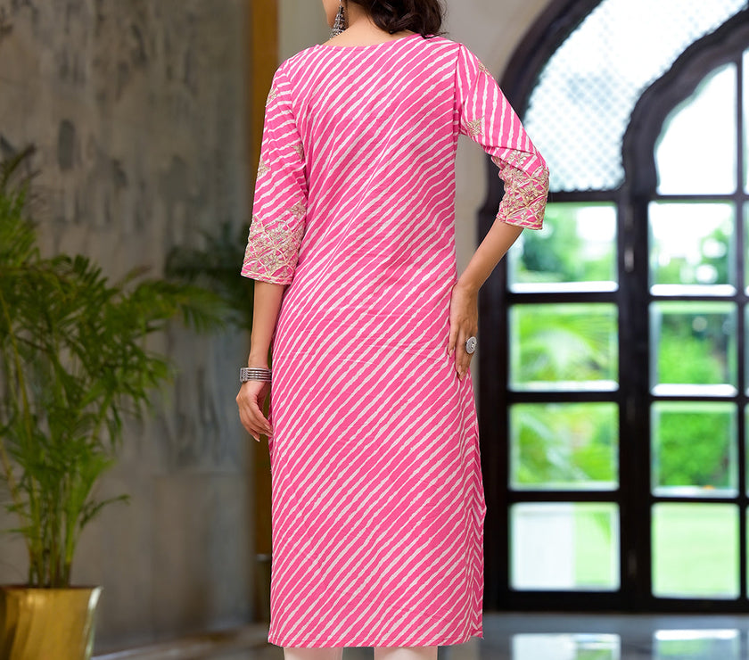 Divena Pink Leheriya Print Embroidered Pure Cotton Straight Kurta