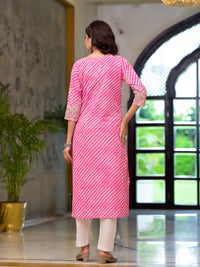 Divena Pink Leheriya Print Embroidered Pure Cotton Straight Kurta