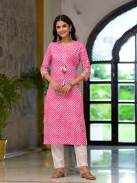 Divena Pink Leheriya Print Embroidered Pure Cotton Straight Kurta