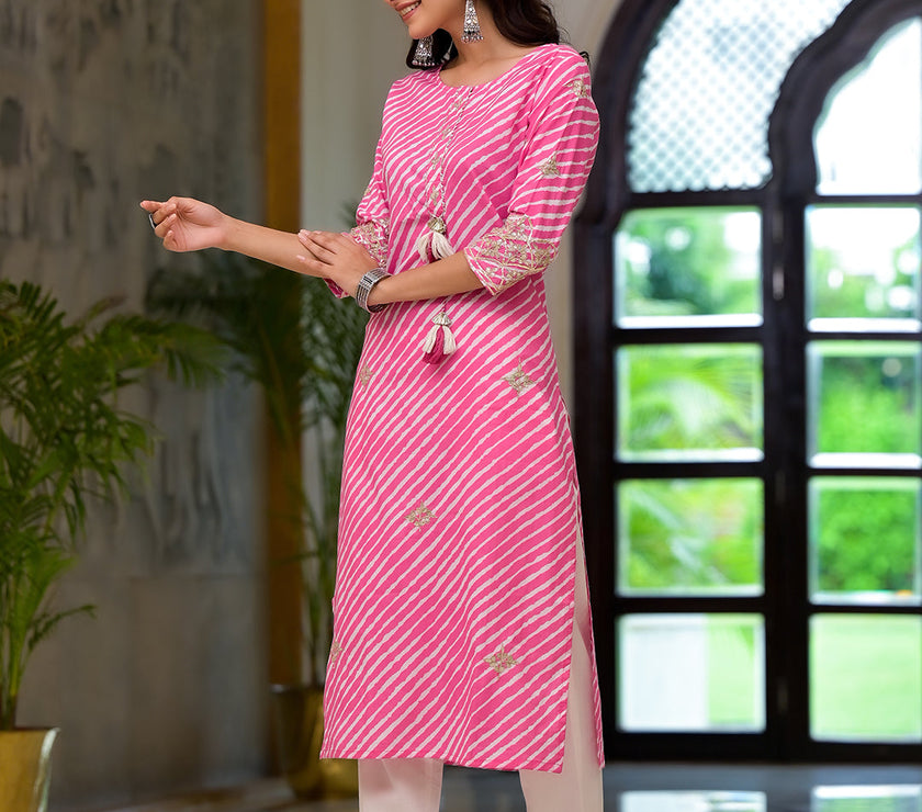 Divena Pink Leheriya Print Embroidered Pure Cotton Straight Kurta