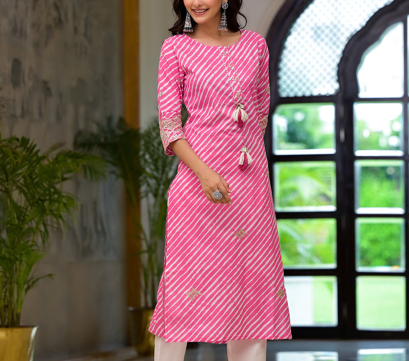 Divena Pink Leheriya Print Embroidered Pure Cotton Straight Kurta