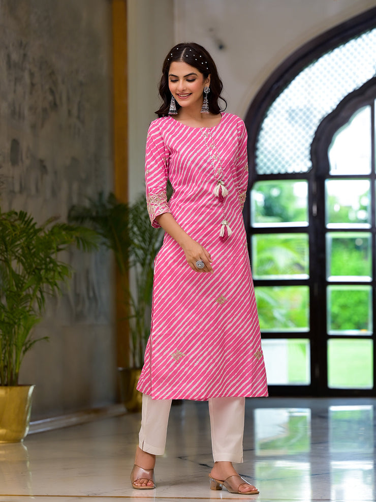 Divena Pink Leheriya Print Embroidered Pure Cotton Straight Kurta