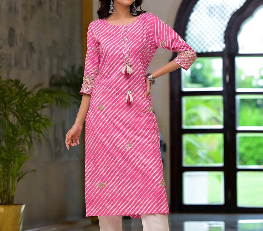 Divena Pink Leheriya Print Embroidered Pure Cotton Straight Kurta