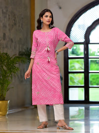 Divena Pink Leheriya Print Embroidered Pure Cotton Straight Kurta