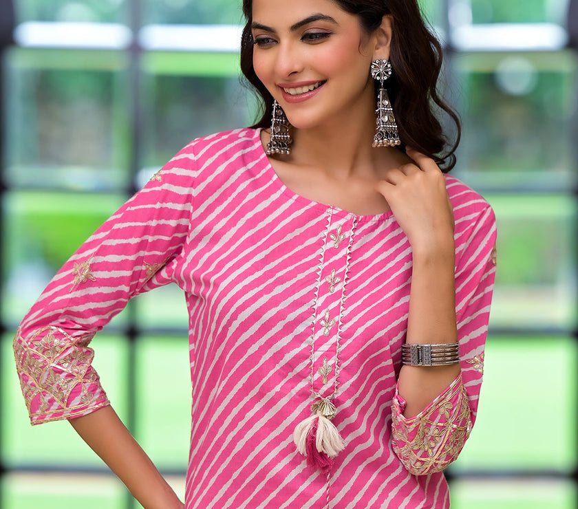 Divena Pink Leheriya Print Embroidered Pure Cotton Straight Kurta