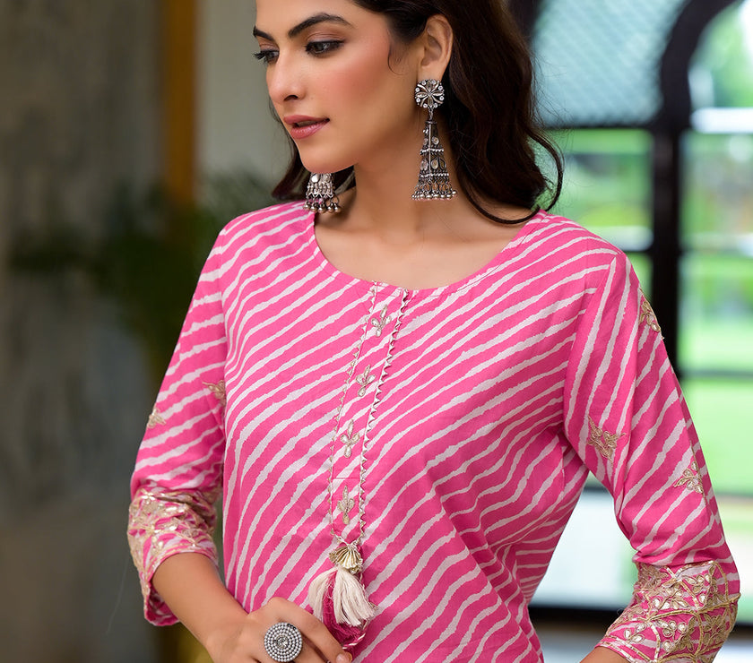 Divena Pink Leheriya Print Embroidered Pure Cotton Straight Kurta