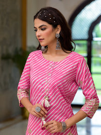 Divena Pink Leheriya Print Embroidered Pure Cotton Straight Kurta