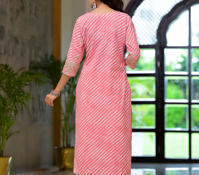 Divena Peach Leheriya Print Embroidered Pure Cotton Straight Kurta