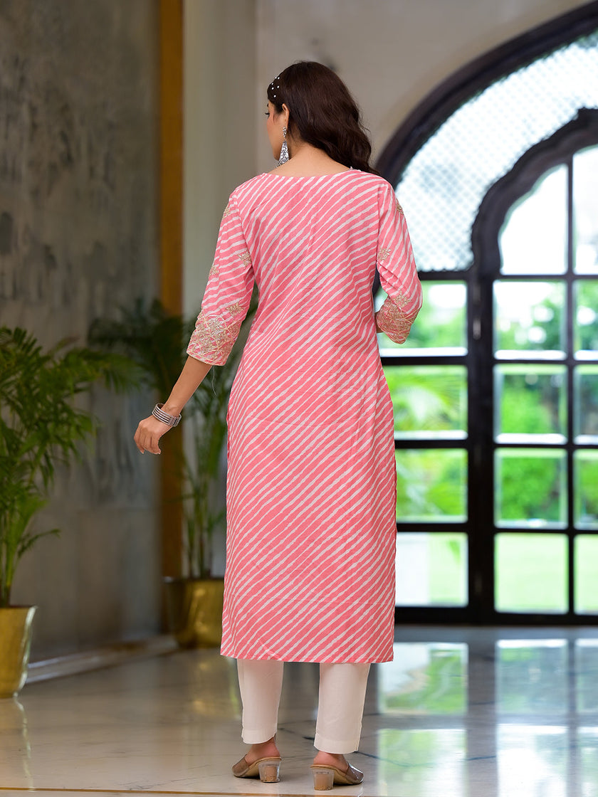 Divena Peach Leheriya Print Embroidered Pure Cotton Straight Kurta