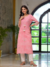 Divena Peach Leheriya Print Embroidered Pure Cotton Straight Kurta