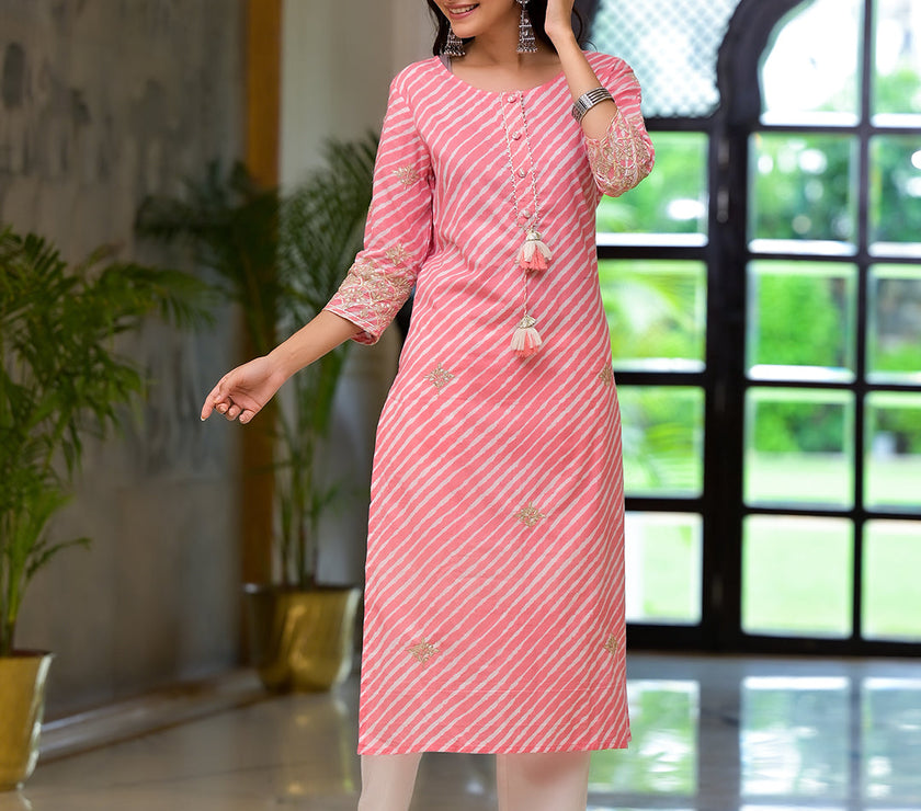 Divena Peach Leheriya Print Embroidered Pure Cotton Straight Kurta