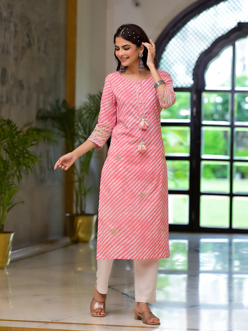 Divena Peach Leheriya Print Embroidered Pure Cotton Straight Kurta