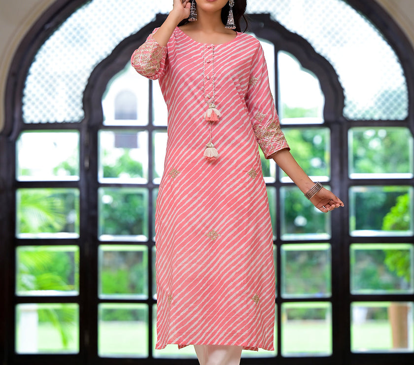 Divena Peach Leheriya Print Embroidered Pure Cotton Straight Kurta