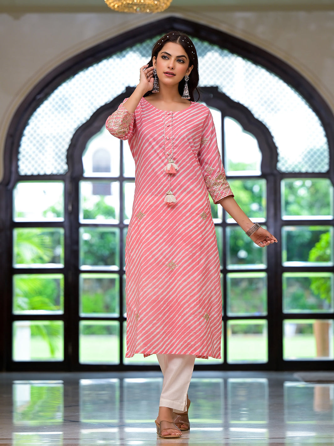 Divena Peach Leheriya Print Embroidered Pure Cotton Straight Kurta