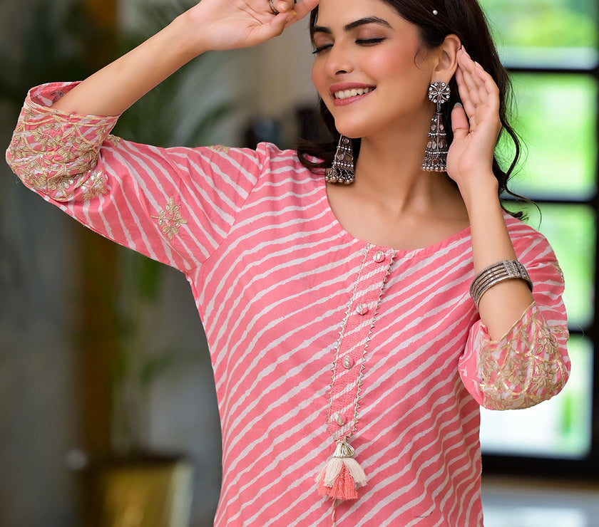 Divena Peach Leheriya Print Embroidered Pure Cotton Straight Kurta