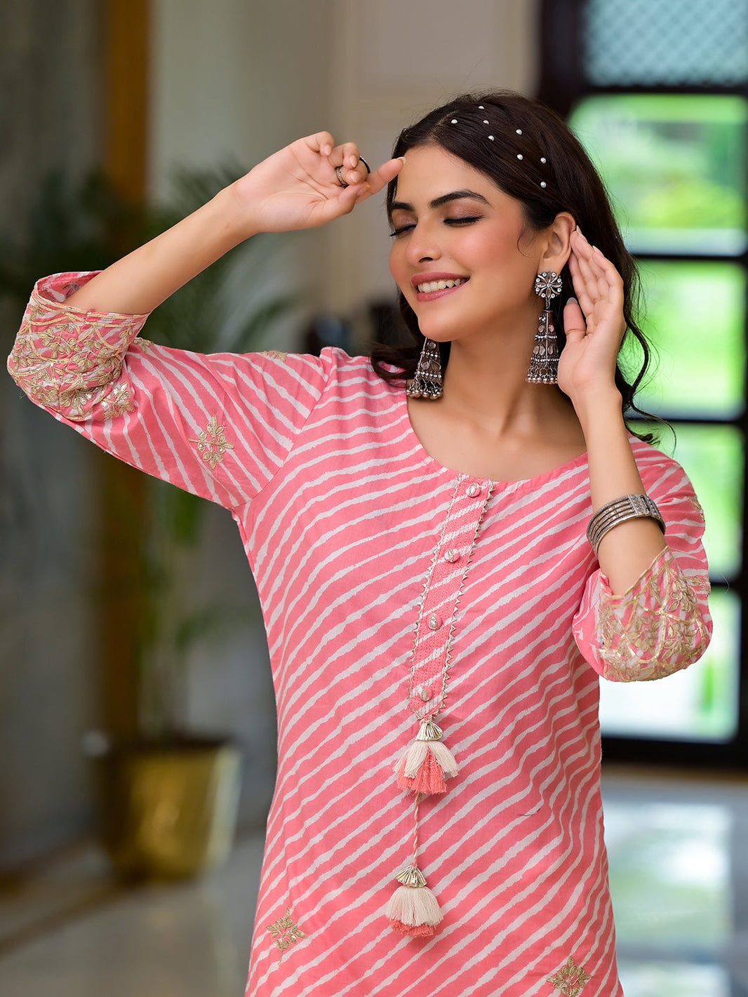 Divena Peach Leheriya Print Embroidered Pure Cotton Straight Kurta