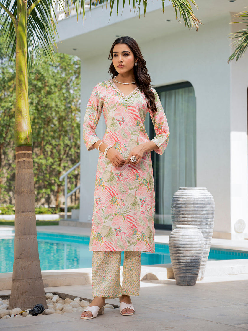 Divena Cream Embroidered & Floral Print Muslin Kurta Set