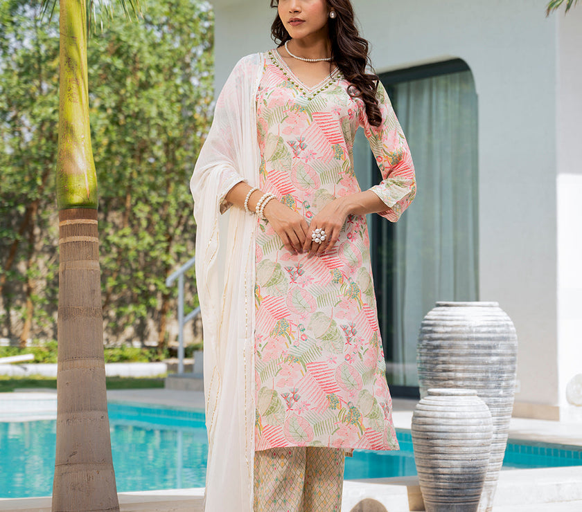 Divena Cream Embroidered & Floral Print Muslin Kurta Set