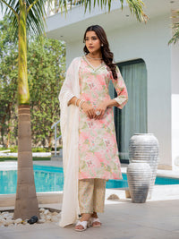 Divena Cream Embroidered & Floral Print Muslin Kurta Set