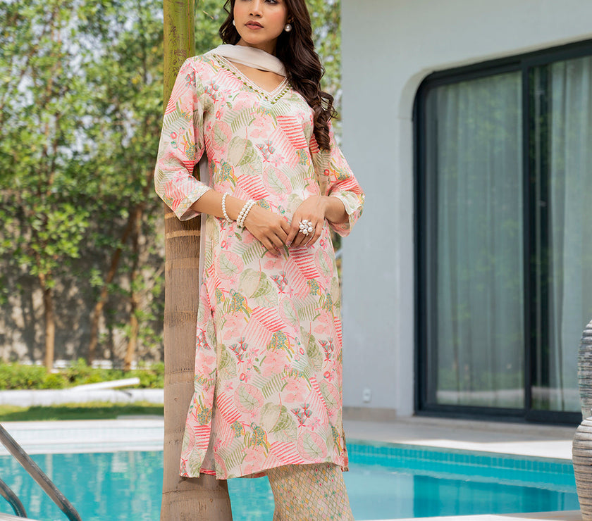 Divena Cream Embroidered & Floral Print Muslin Kurta Set