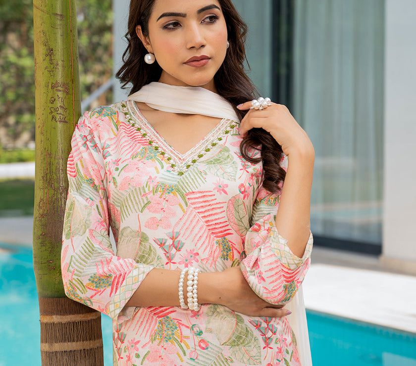 Divena Cream Embroidered & Floral Print Muslin Kurta Set