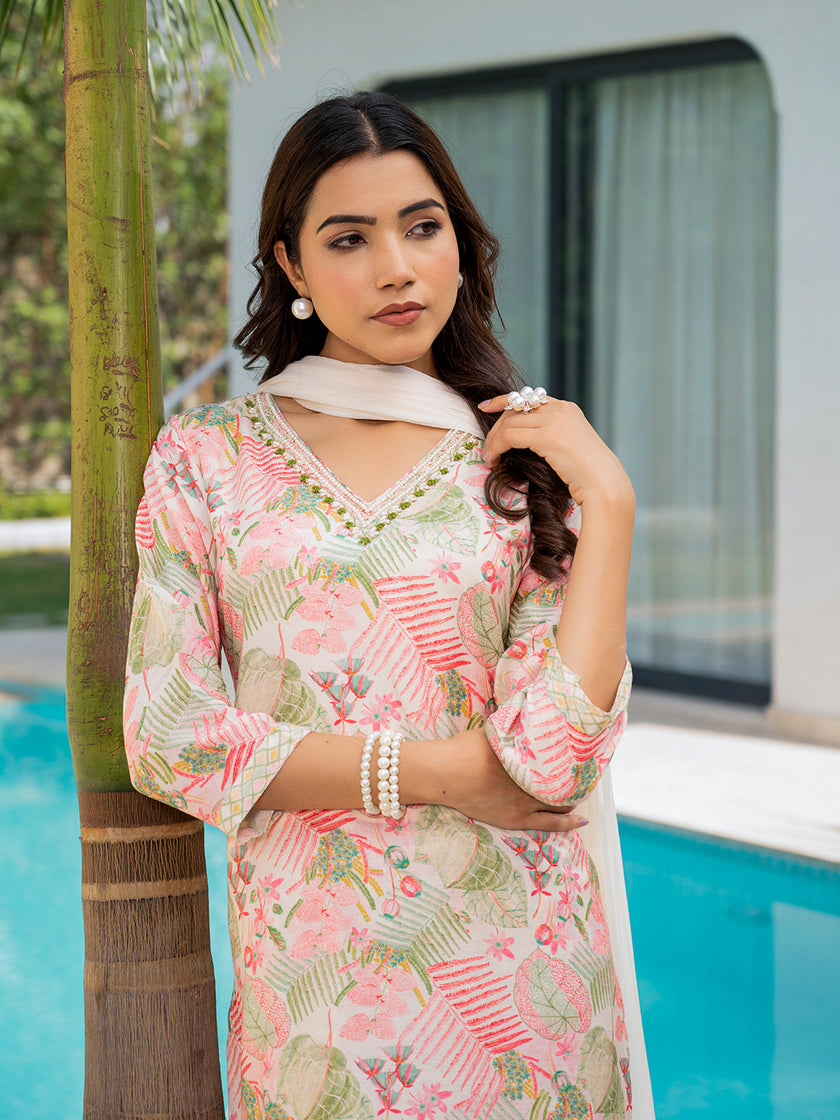 Divena Cream Embroidered & Floral Print Muslin Kurta Set