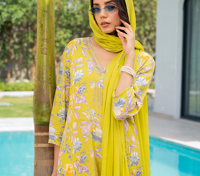 Divena Yellow Embroidered Floral Print Muslin Kurta Set