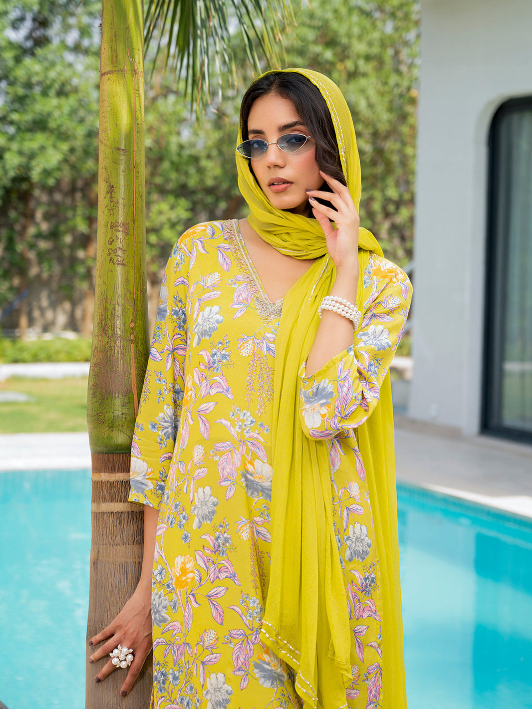 Divena Yellow Embroidered Floral Print Muslin Kurta Set