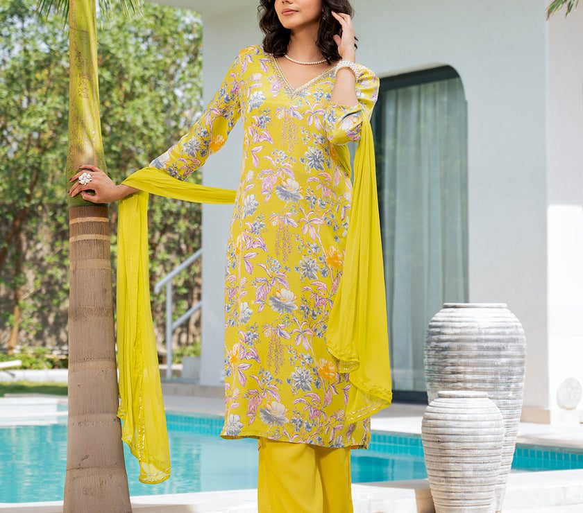 Divena Yellow Embroidered Floral Print Muslin Kurta Set