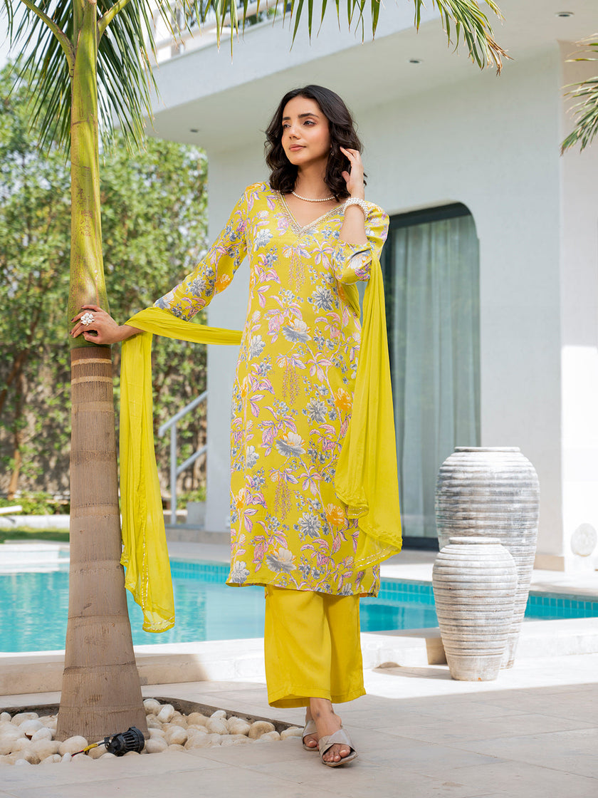 Divena Yellow Embroidered Floral Print Muslin Kurta Set