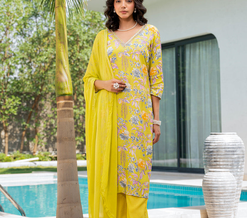 Divena Yellow Embroidered Floral Print Muslin Kurta Set