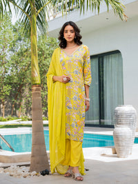 Divena Yellow Embroidered Floral Print Muslin Kurta Set