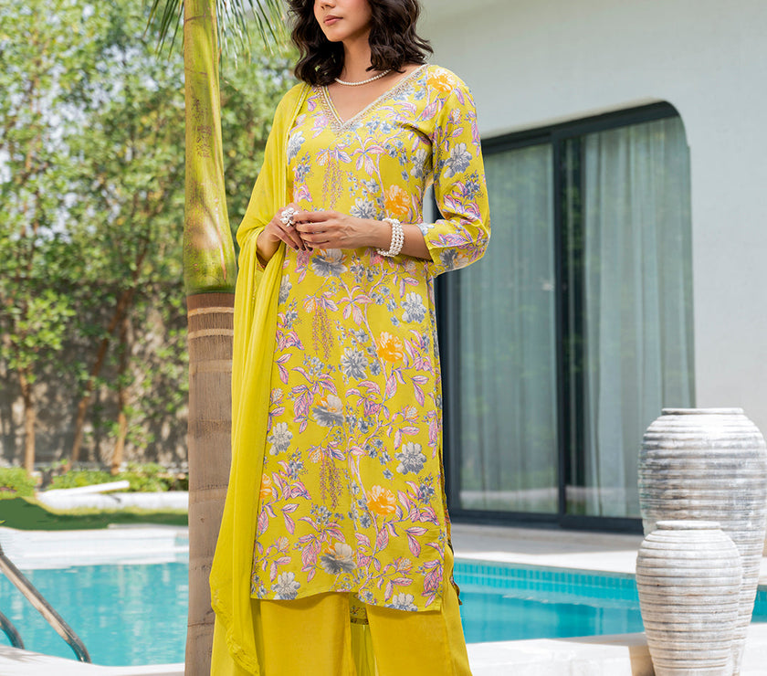 Divena Yellow Embroidered Floral Print Muslin Kurta Set