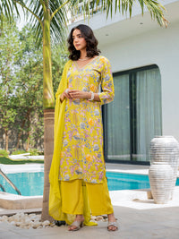 Divena Yellow Embroidered Floral Print Muslin Kurta Set