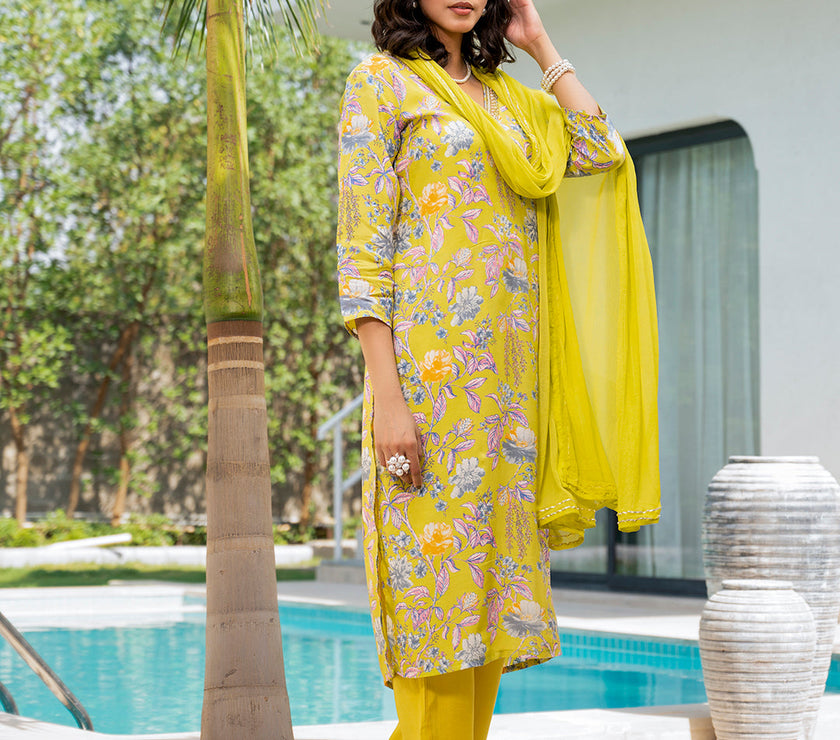 Divena Yellow Embroidered Floral Print Muslin Kurta Set