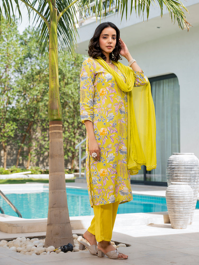 Divena Yellow Embroidered Floral Print Muslin Kurta Set