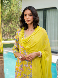 Divena Yellow Embroidered Floral Print Muslin Kurta Set