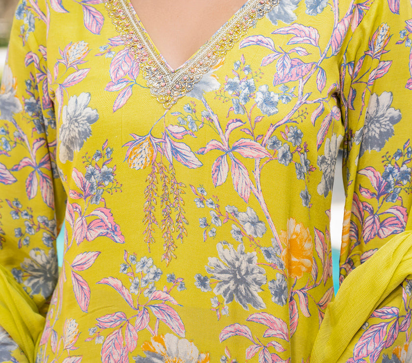 Divena Yellow Embroidered Floral Print Muslin Kurta Set