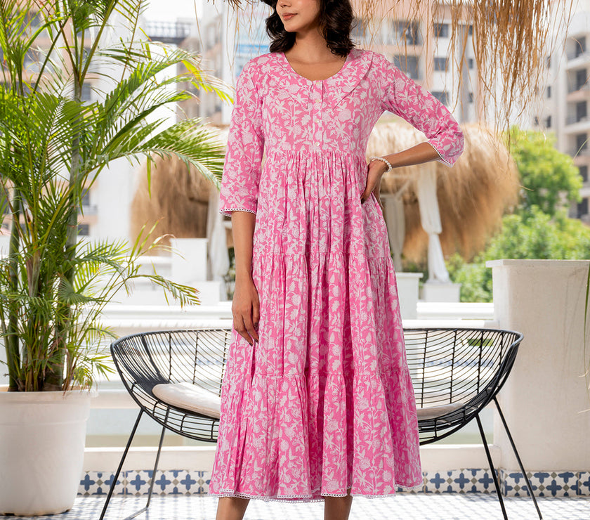 Divena Pink Floral Printed Collar Neck Calf length Cotton dress for Women