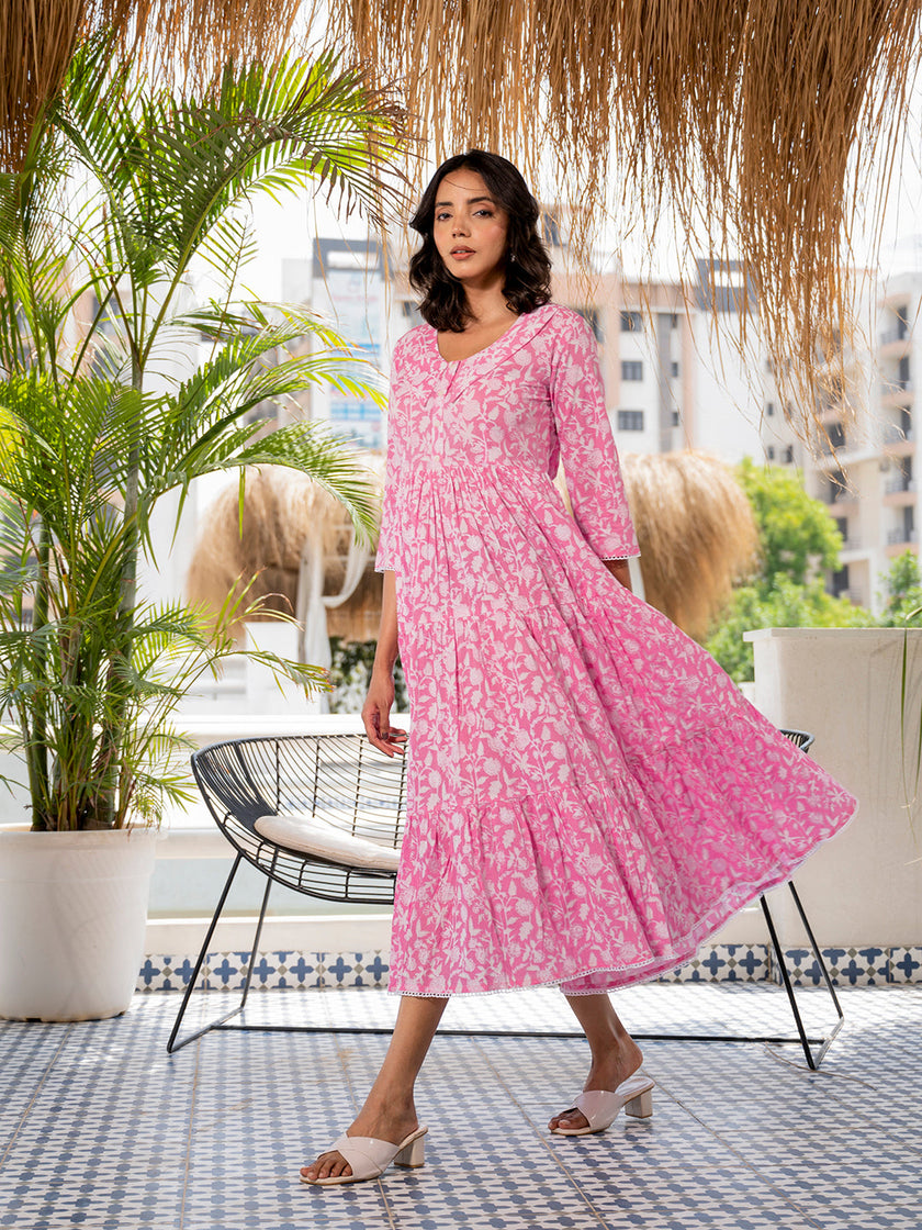 Divena Pink Floral Printed Collar Neck Calf length Cotton dress for Women