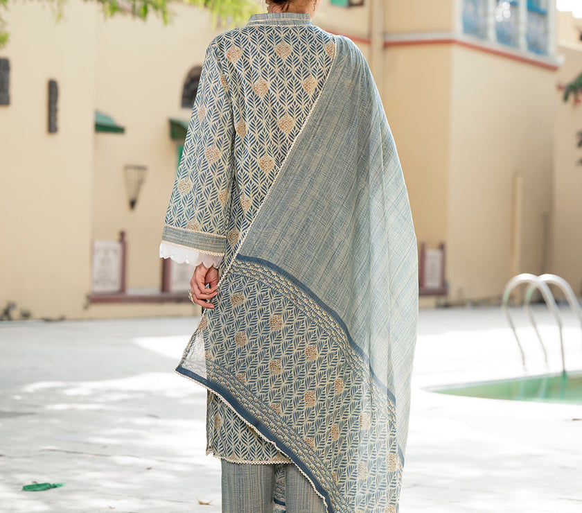 Divena Grey Floral Print Pure Cotton Straight Kurta & Trouser with Dupatta