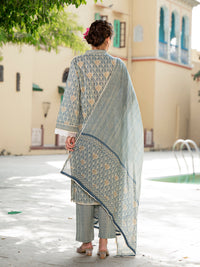 Divena Grey Floral Print Pure Cotton Straight Kurta & Trouser with Dupatta