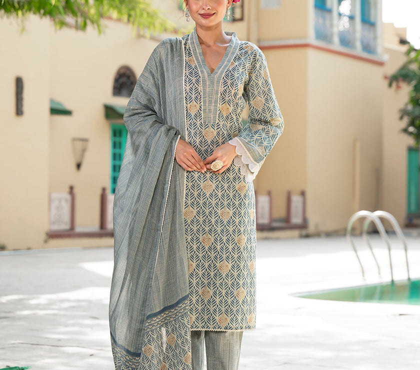 Divena Grey Floral Print Pure Cotton Straight Kurta & Trouser with Dupatta